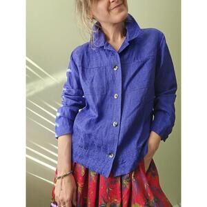 Vintage Silk Linen Shacket: Bright Blue Buttoned Shirt Jacket (M/L)